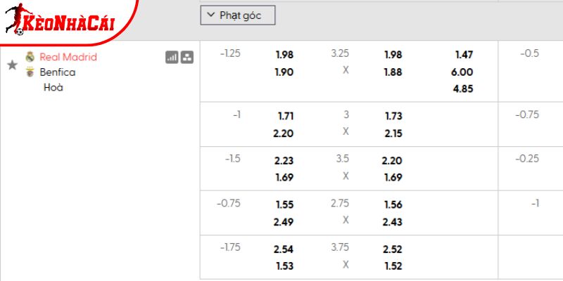 Tỷ lệ kèo Real Madrid vs Benfica